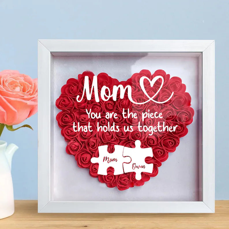 Personalized Flower Heart Puzzle Shadow Box – Custom Names & Frame