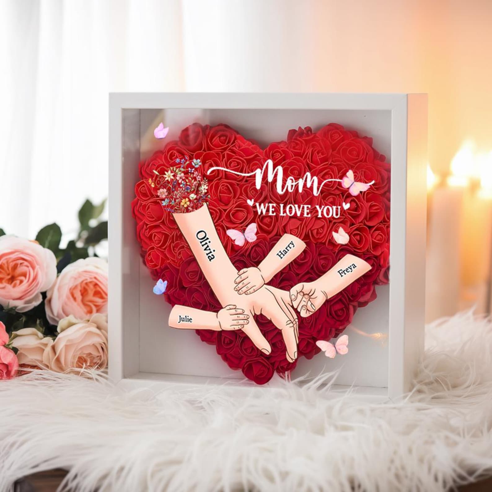 Personalized Hand-in-Hand Flower Shadow Box