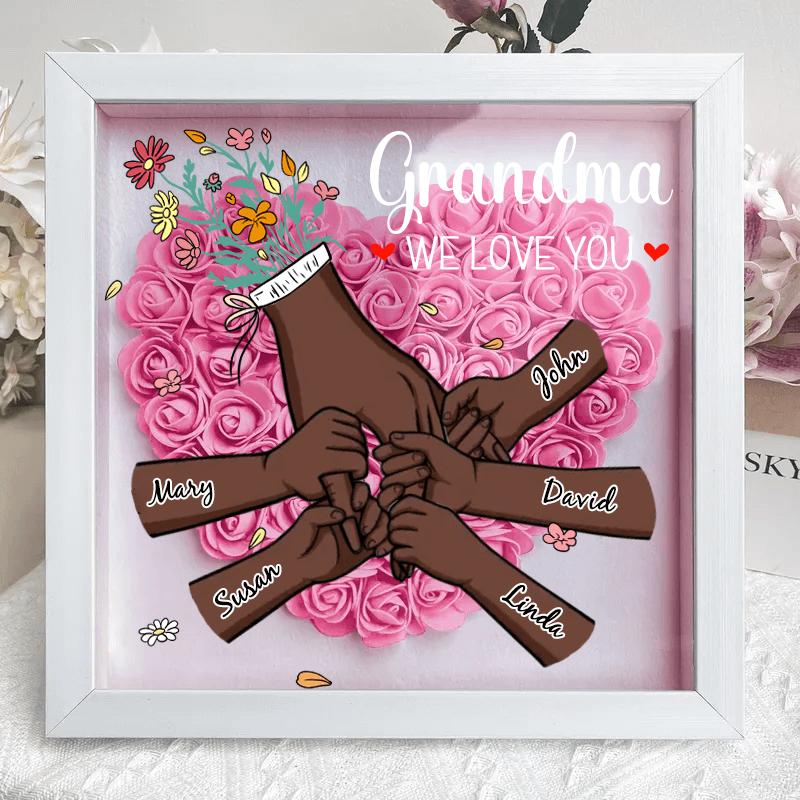 🌸Personalized Mother & Grandma Flower Shadow Box with Names – A Unique Keepsake with Customizable Skin Tones & Up to 15 Hand Selections