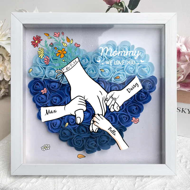 👶🐶Hand in Hand Forever - Customizable Mother & Grandma Flower Shadow Box with Kids/Pet Names, Mother&