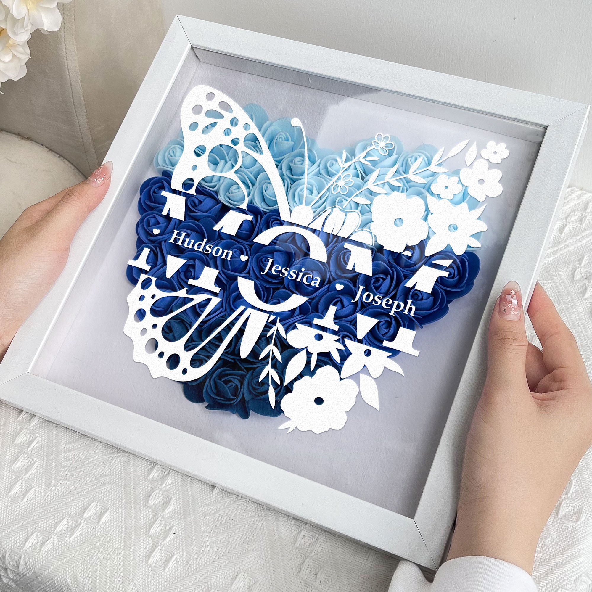 Personalized Butterfly Version Flower Shadow Box - Gift For Mum Custom Children Names