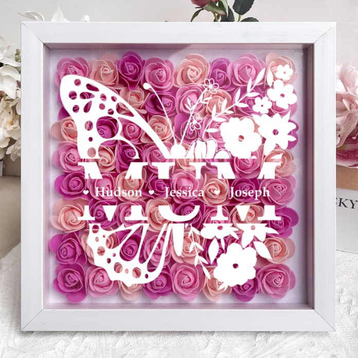 Personalized Butterfly Version Flower Shadow Box - Gift For Mum Custom Children Names