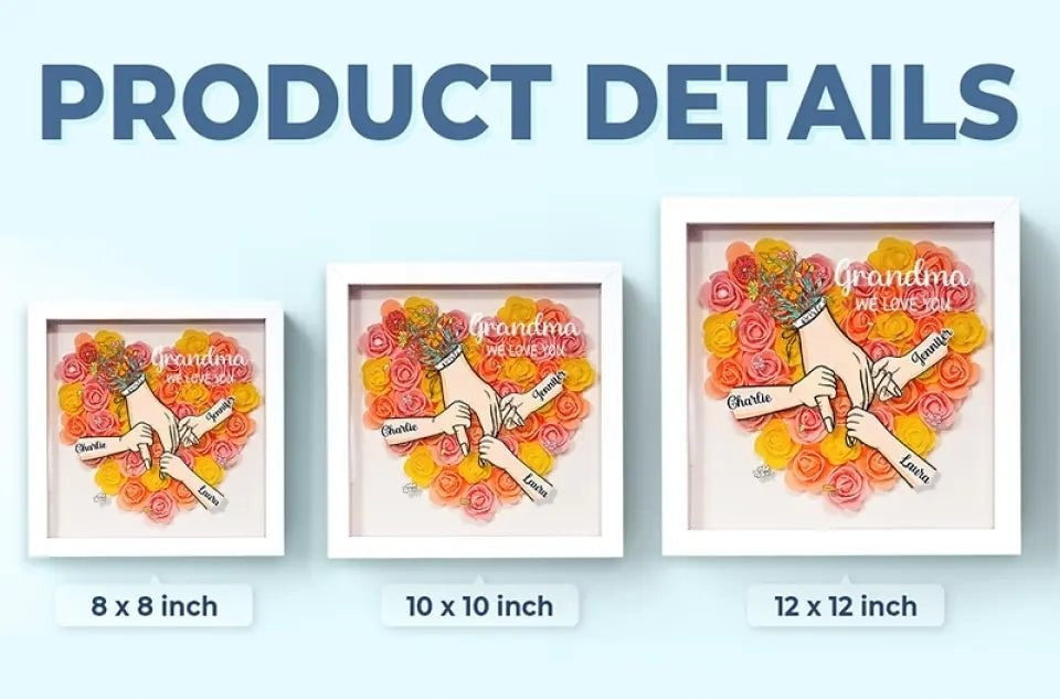 🌸Personalized Mother & Grandma Flower Shadow Box with Names – A Unique Keepsake with Customizable Skin Tones & Up to 15 Hand Selections