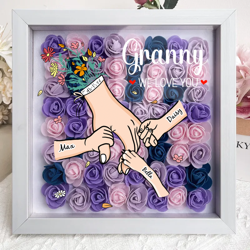 👶🐶Hand in Hand Forever - Customizable Mother & Grandma Flower Shadow Box with Kids/Pet Names, Mother&