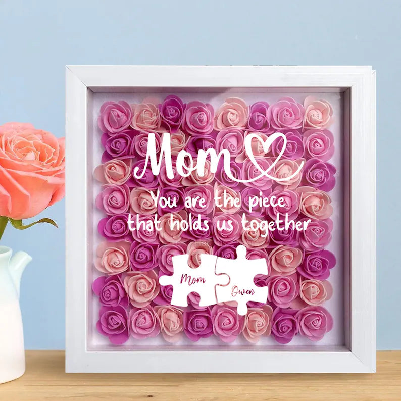 Personalized Flower Heart Puzzle Shadow Box – Custom Names & Frame