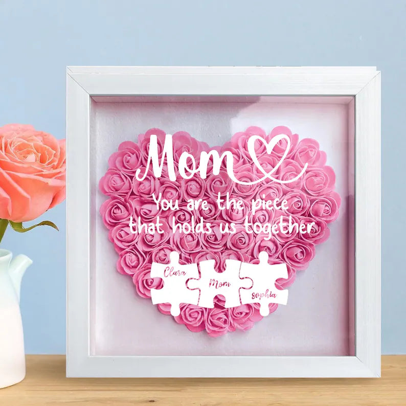 Personalized Flower Heart Puzzle Shadow Box – Custom Names & Frame
