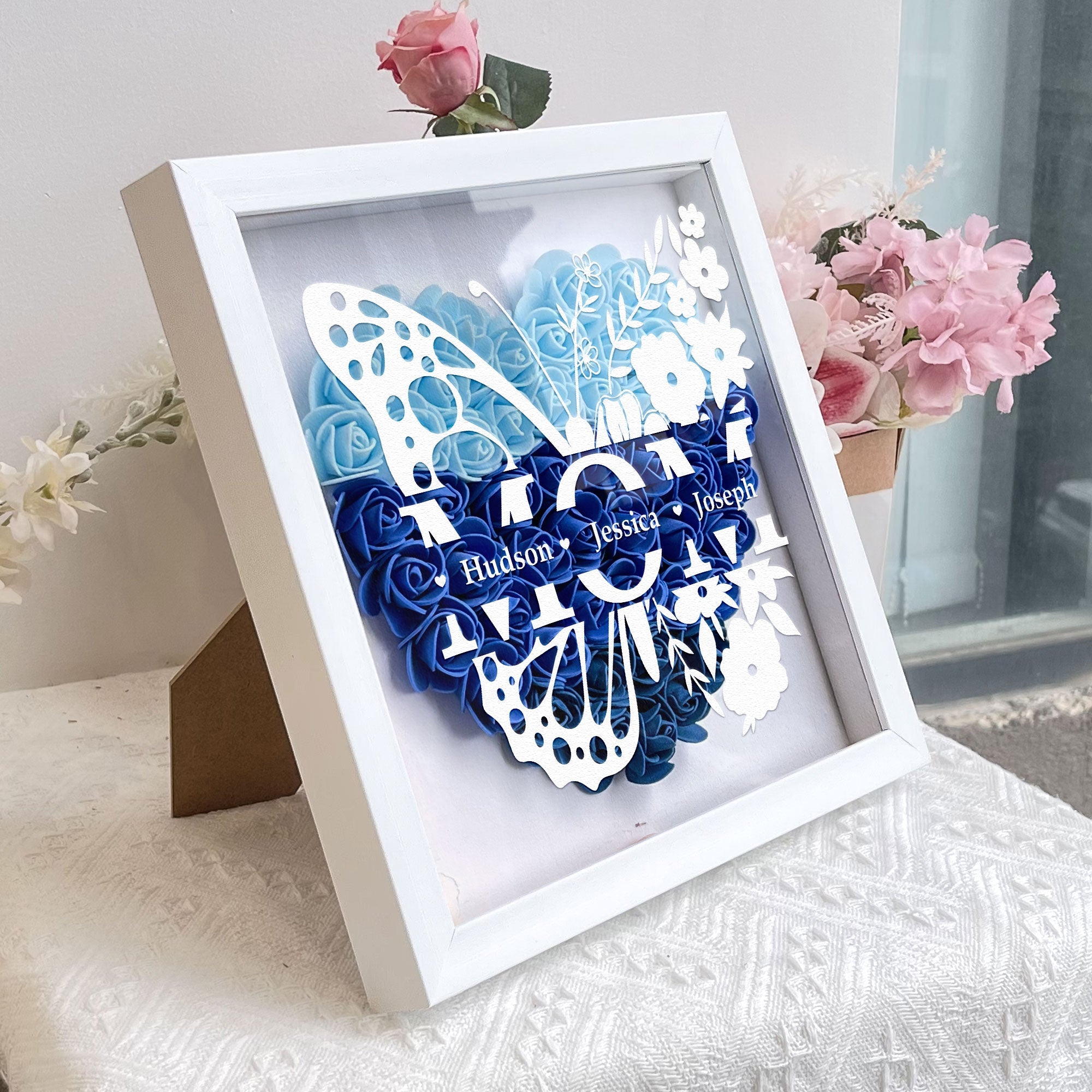 Personalized Butterfly Version Flower Shadow Box - Gift For Mum Custom Children Names