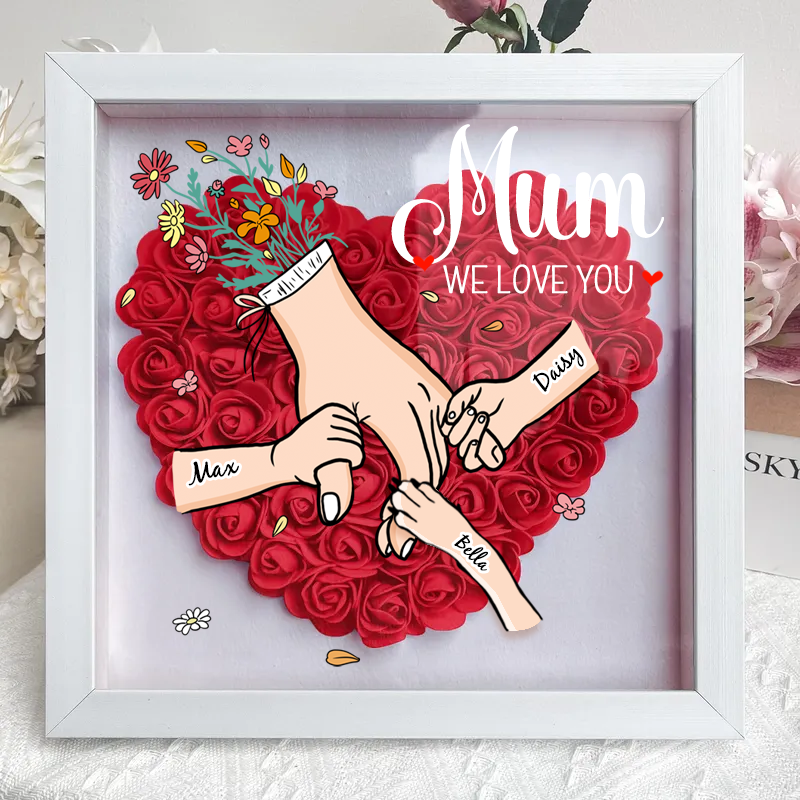 👶🐶Hand in Hand Forever - Customizable Mother & Grandma Flower Shadow Box with Kids/Pet Names, Mother&