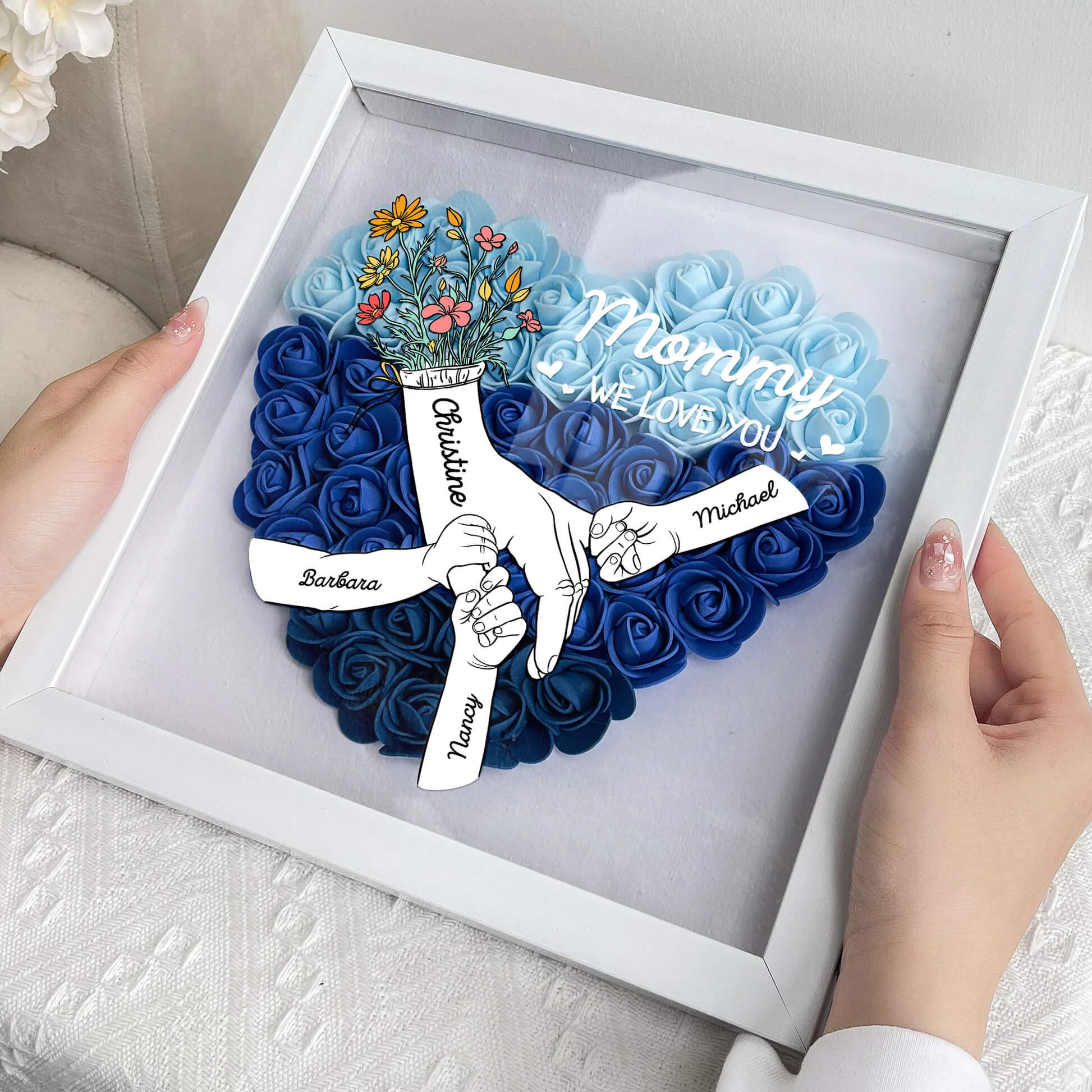 Mom Hands Holding We Love You - Personalized Flower Shadow Box with LED Light
