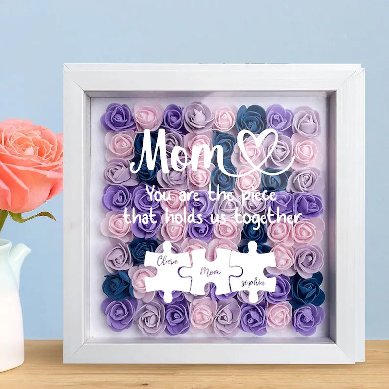 Personalized Flower Heart Puzzle Shadow Box – Custom Names &amp; Frame