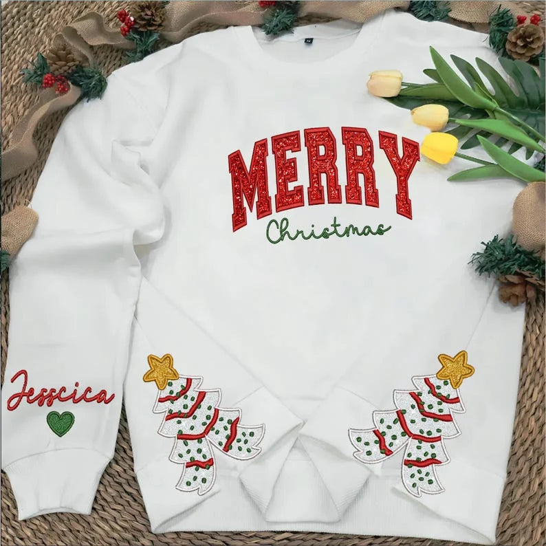 Christmas Embroidered Merry Christmas Glitter Bow Hoodie Sweatshirt T-Shirt