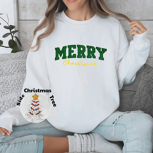 Christmas Embroidered Merry Christmas Glitter Bow Hoodie Sweatshirt T-Shirt