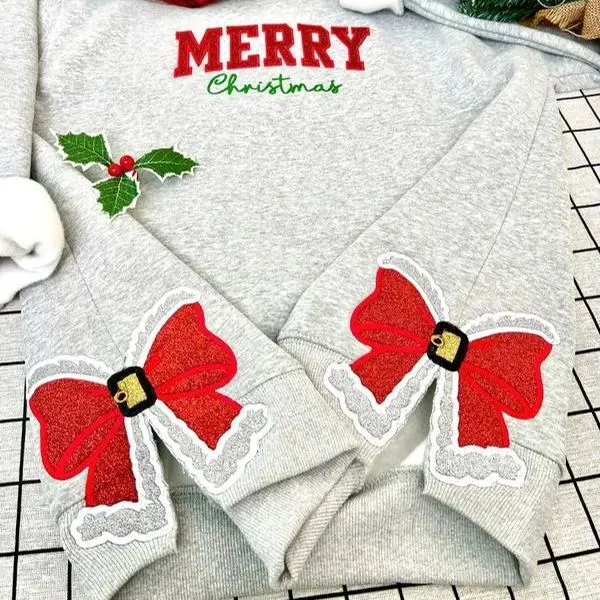 Custom Merry Embroidered Bow Sweatshirt, Side Bow Applique Sweatshirt, Glitter Christmas Sweatshirt