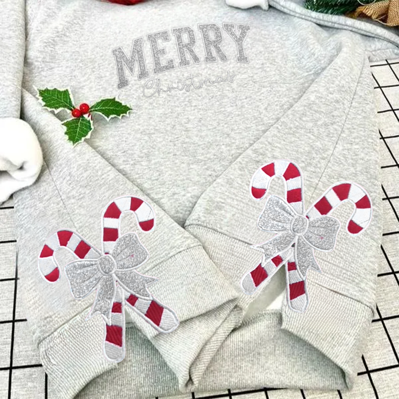 Custom Merry Embroidered Bow Sweatshirt, Side Bow Applique Sweatshirt, Glitter Christmas Sweatshirt