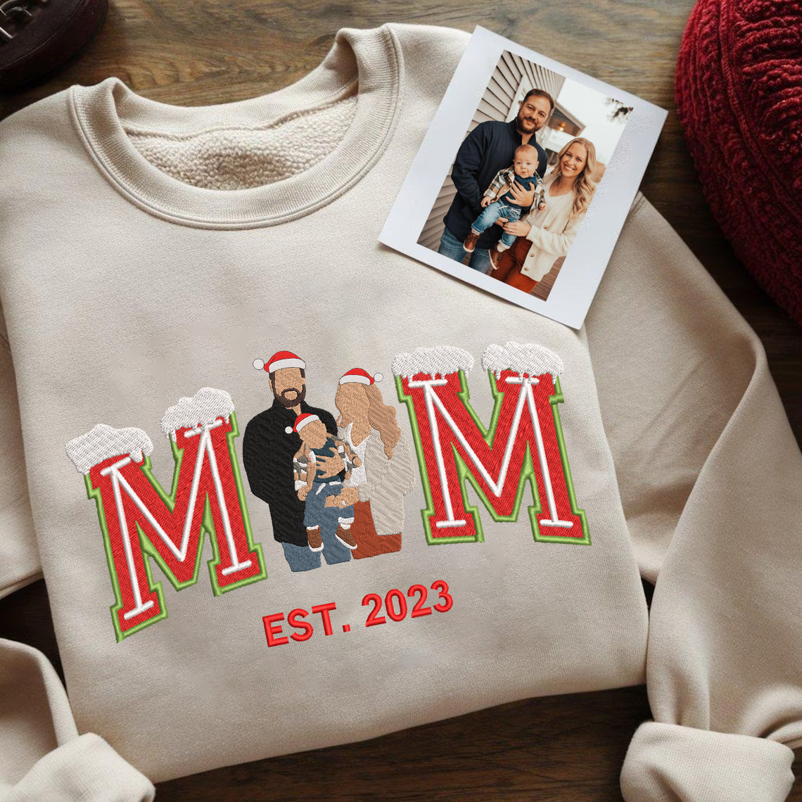 Christmas Embroidered Family Photo Snow Custom Text Hoodie Sweatshirt T-Shirt