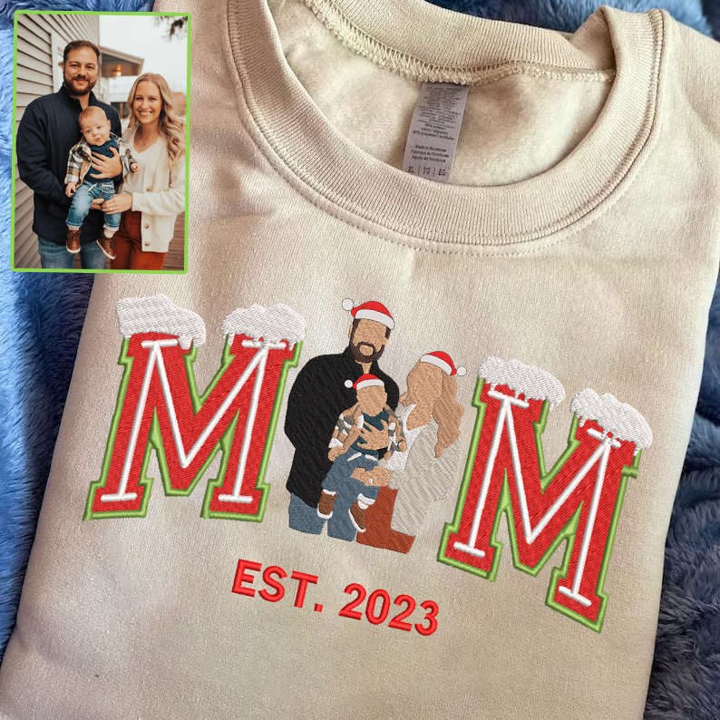 Christmas Embroidered Family Photo Snow Custom Text Hoodie Sweatshirt T-Shirt