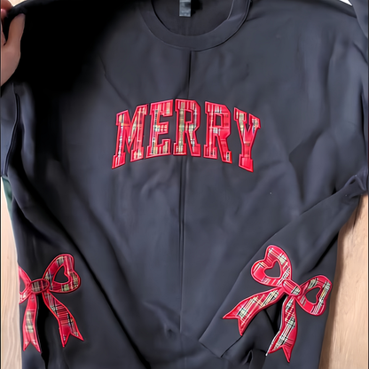 Merry Side Bow Cut-Out Sweatshirt, Plaid Christmas Pullover, Trendy Coquette Bow