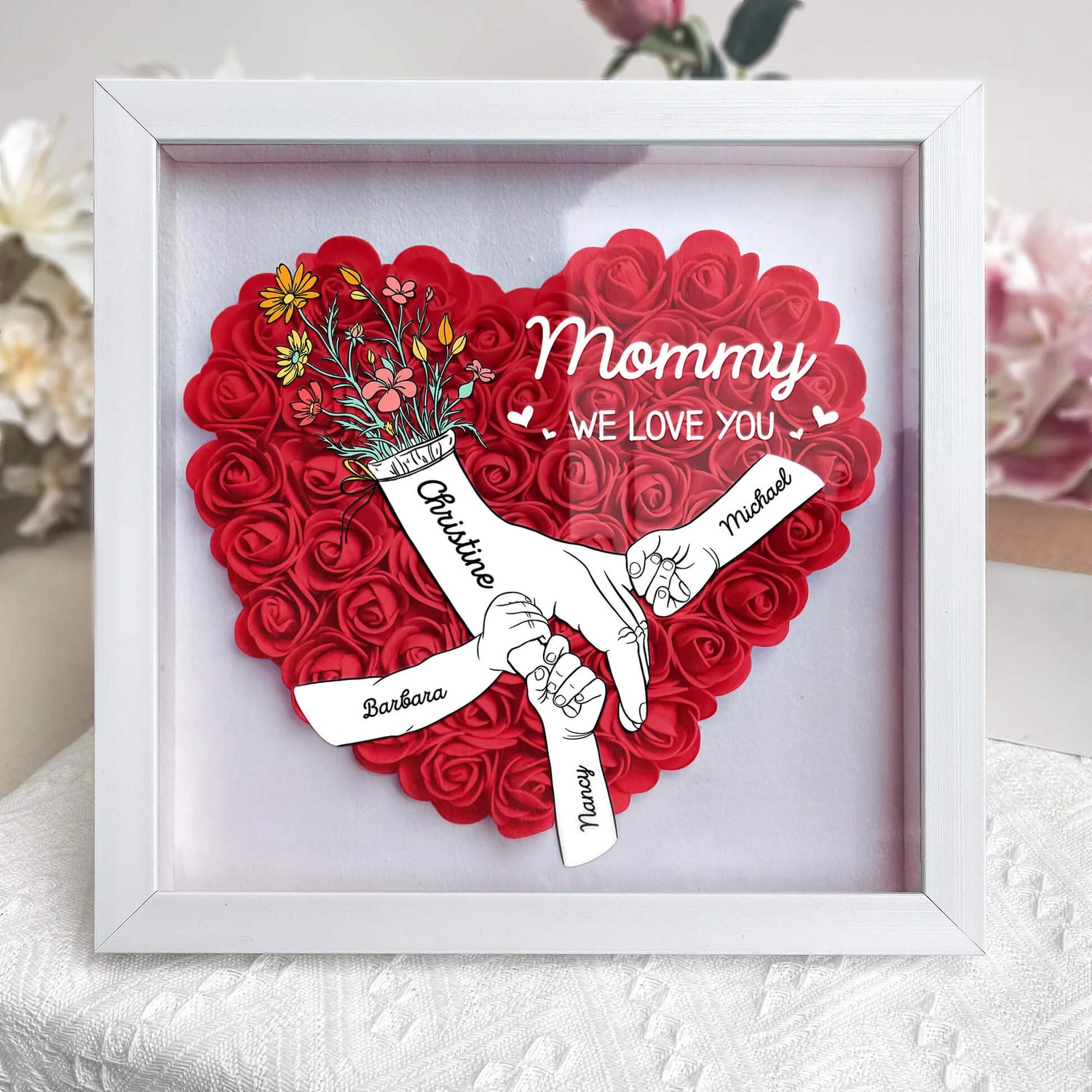 Mom Hands Holding We Love You - Personalized Flower Shadow Box with LED Light