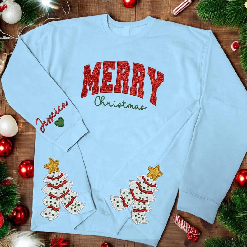 Christmas Personalized Embroidered Custom Text With Kids Names On Sleeve Glitter Bow Hoodie Sweatshirt T-Shirt