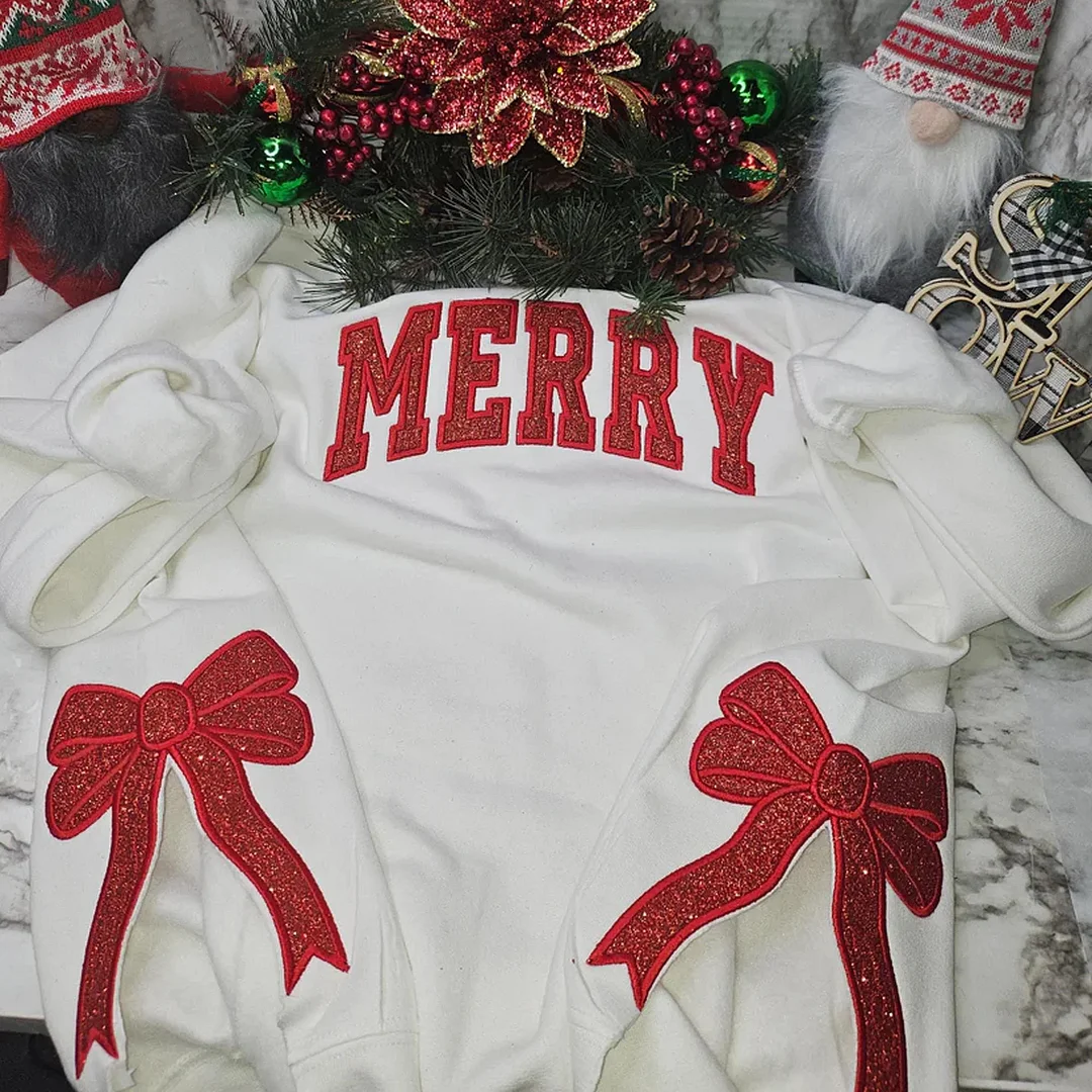 Personalized Custom Embroidered Merry Christmas Bow Side Sweatshirt