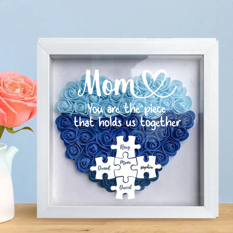 Personalized Flower Heart Puzzle Shadow Box – Custom Names &amp; Frame