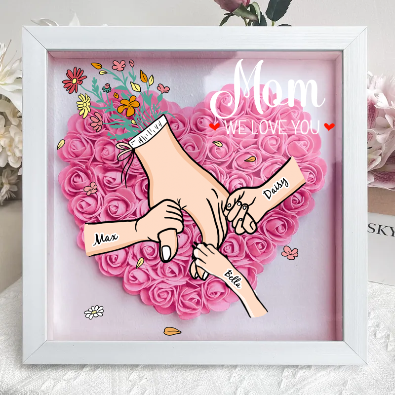 👶🐶Hand in Hand Forever - Customizable Mother &amp; Grandma Flower Shadow Box with Kids/Pet Names, Mother&
