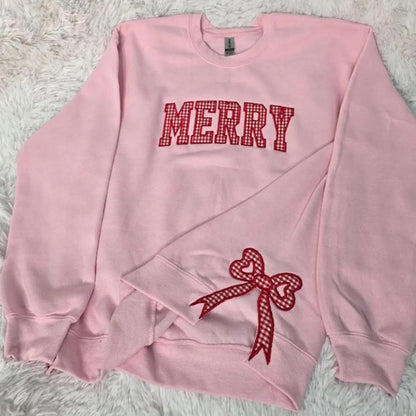 Merry Christmas Tree Plaid Side Bow Applique Sweatshirt