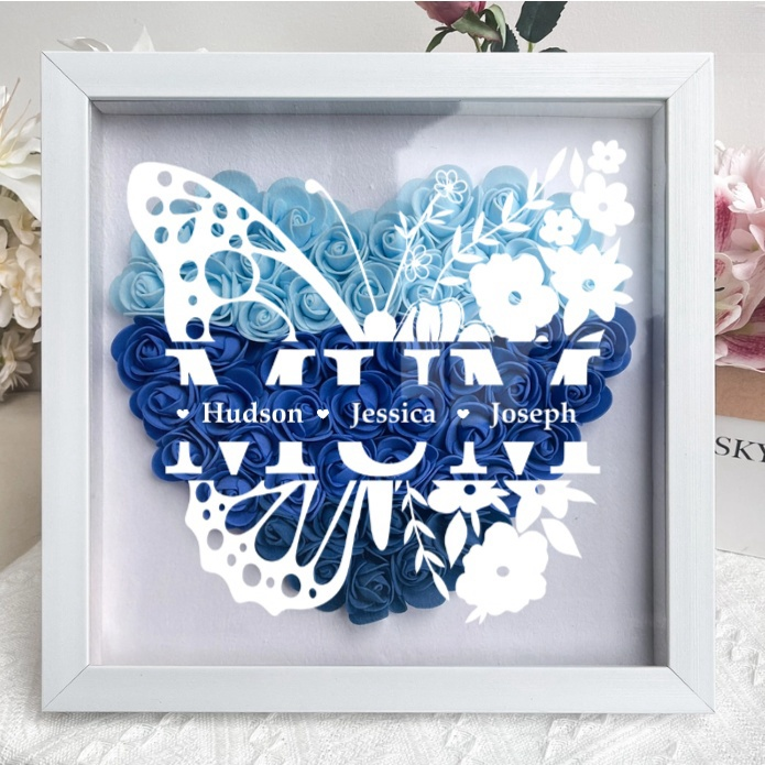Personalized Butterfly Version Flower Shadow Box - Gift For Mum Custom Children Names