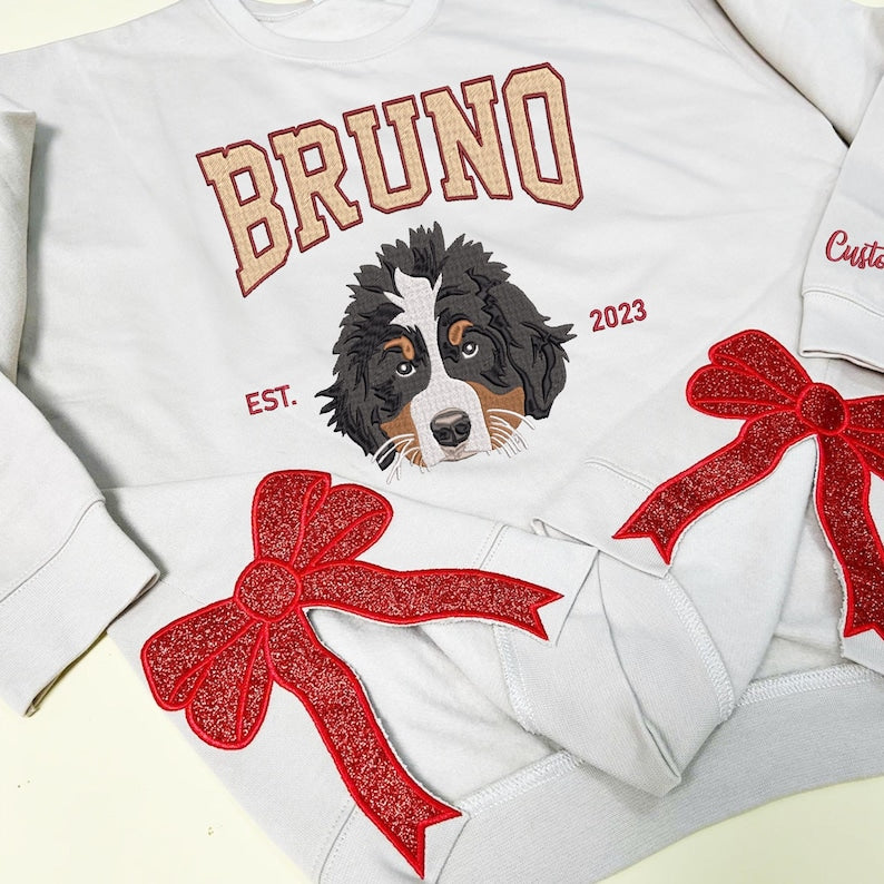 Custom Pet Portrait Embroidered Sweatshirt With Side Coquette Bow Dog Hoodie Pet Lovers Gift