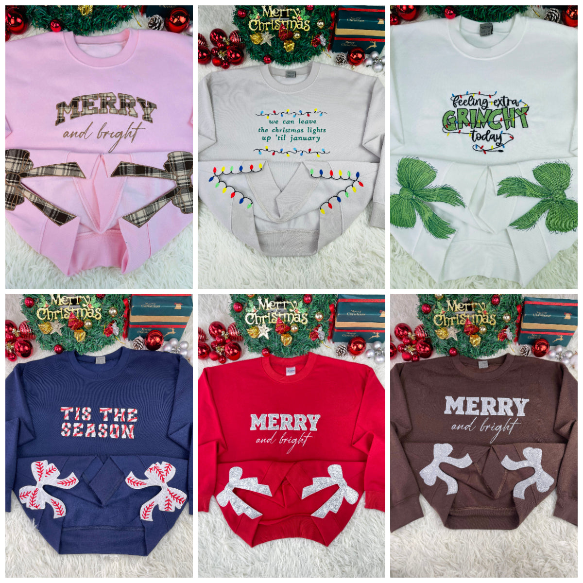 Custom Merry Embroidered Bow Sweatshirt, Side Bow Applique Sweatshirt, Glitter Christmas Sweatshirt