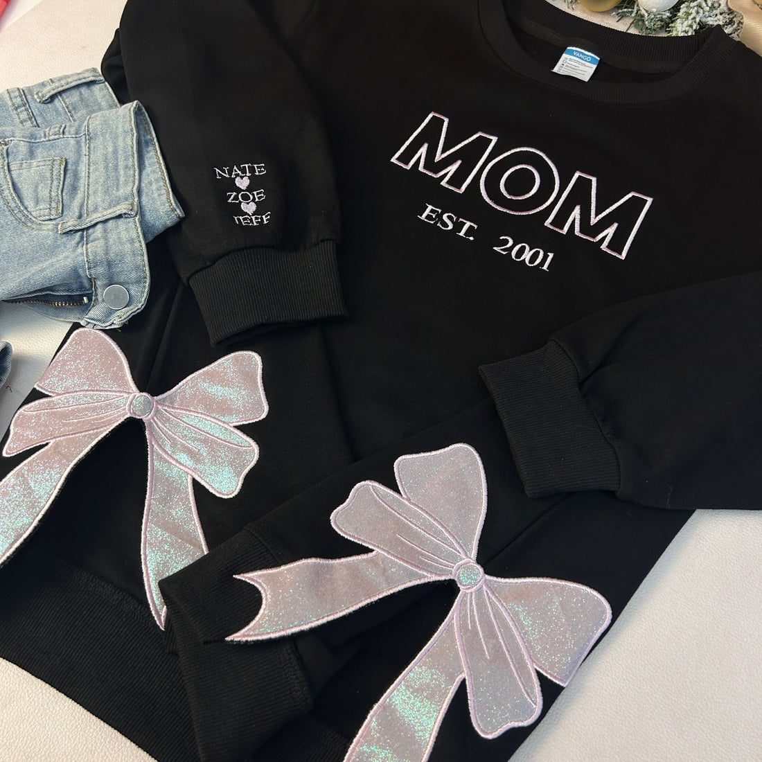 Glitter MAMA Side Bow Embroidered Sweatshirt