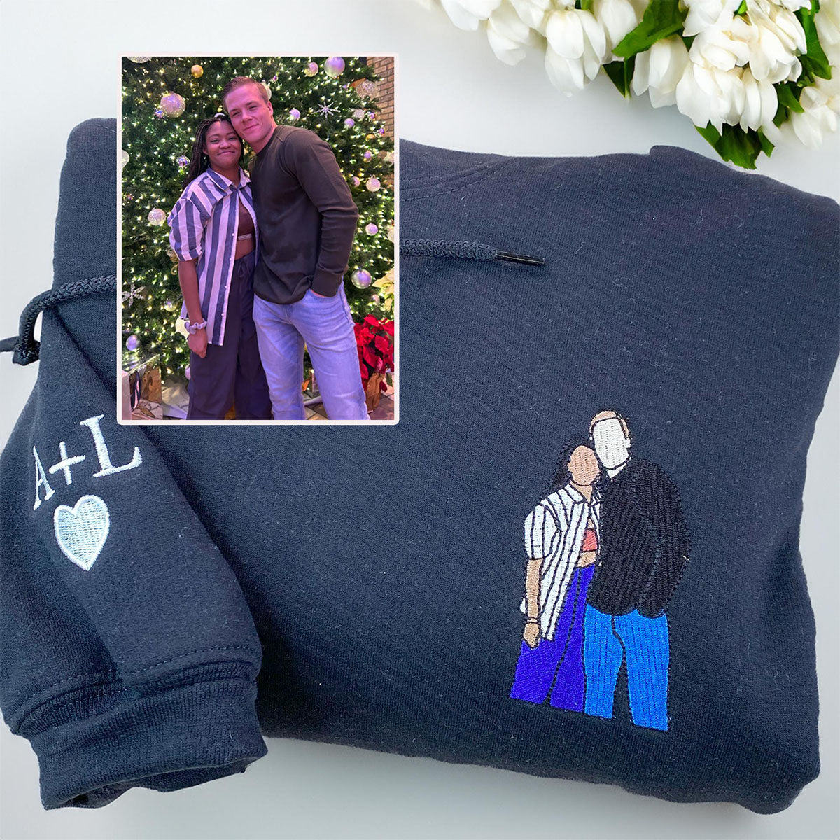 Custom Embroidered Anniversary Sweatshirts  Personalized Full-Color Couple Portrait