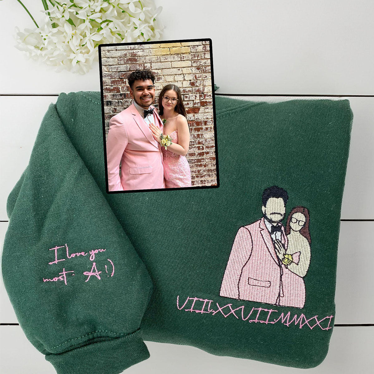 Custom Embroidered Anniversary Sweatshirts  Personalized Full-Color Couple Portrait