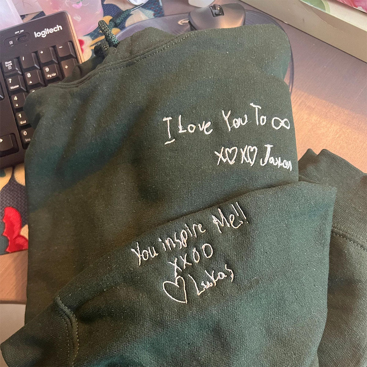 Custom Embroidered Sweatshirts &amp; Hoodies - Personalized Handwriting Message for Couples