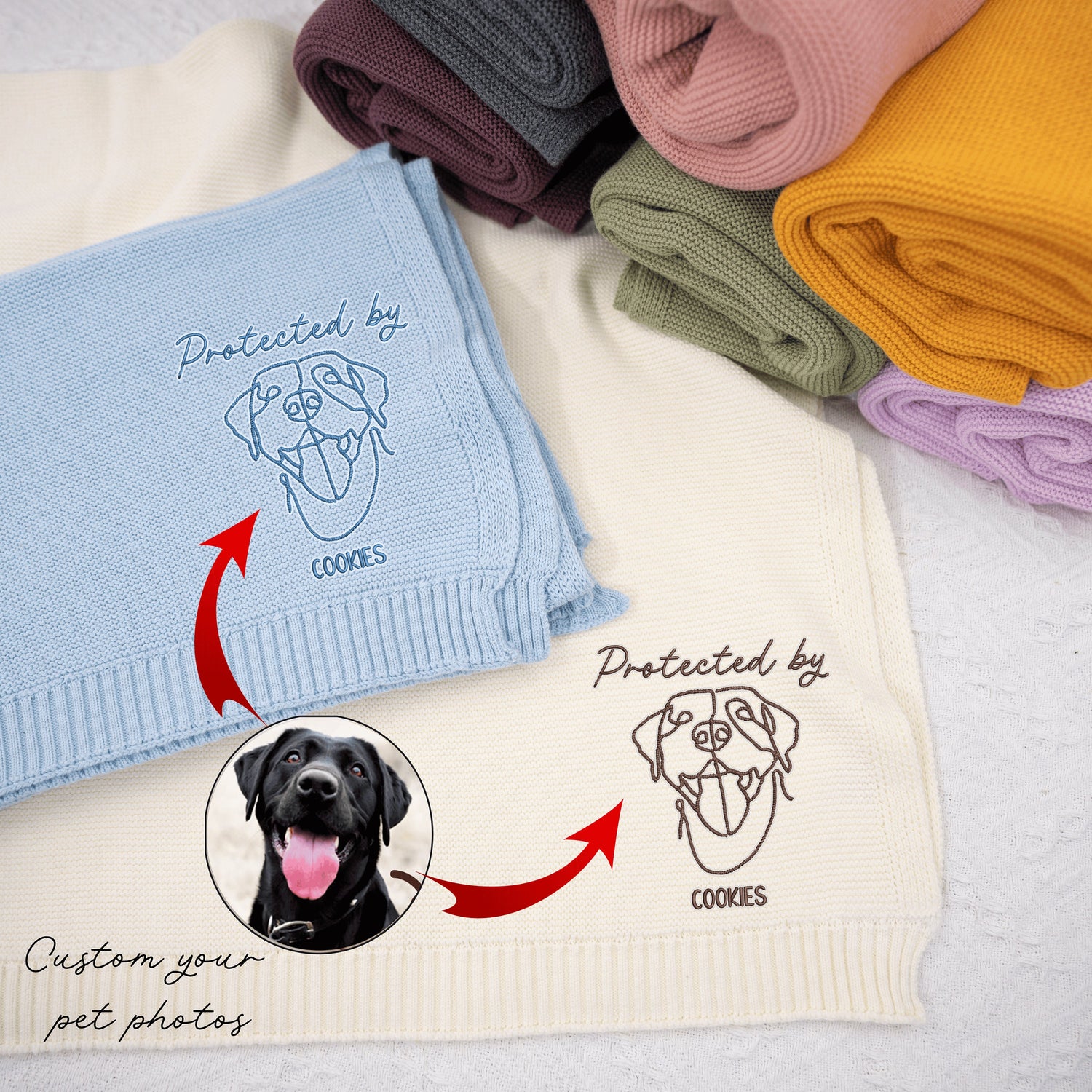 CUSTOM PET PHOTO SILHOUETTE EMBROIDERED KNIT BLANKET