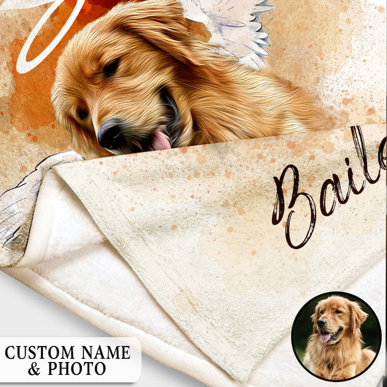 Personalized Pet Memorial Photo Blanket, Pet Loss Gifts, Angel Dog With Wings Blanket