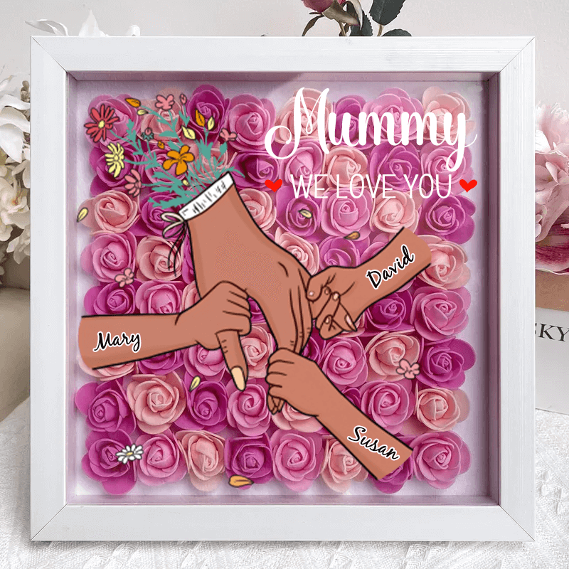 🌸Personalized Mother &amp; Grandma Flower Shadow Box with Names – A Unique Keepsake with Customizable Skin Tones  &amp; Up to 15 Hand Selections