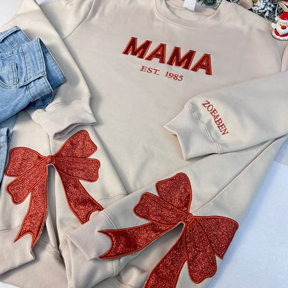 Glitter MAMA Side Bow Embroidered Sweatshirt