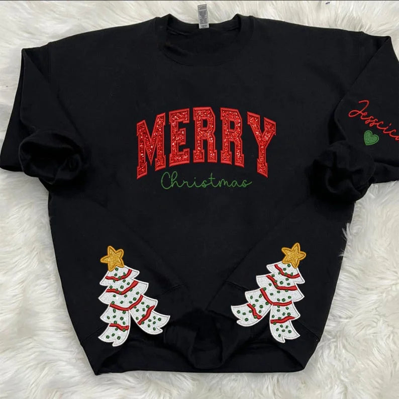 Christmas Personalized Embroidered Custom Text With Kids Names On Sleeve Glitter Bow Hoodie Sweatshirt T-Shirt