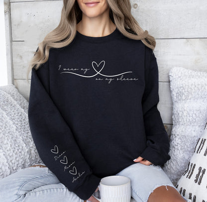 I Wear My Heart On My Sleeve Sweatshirt, Sweatshirt with Names On Sleeve, Mom Sweatshirt