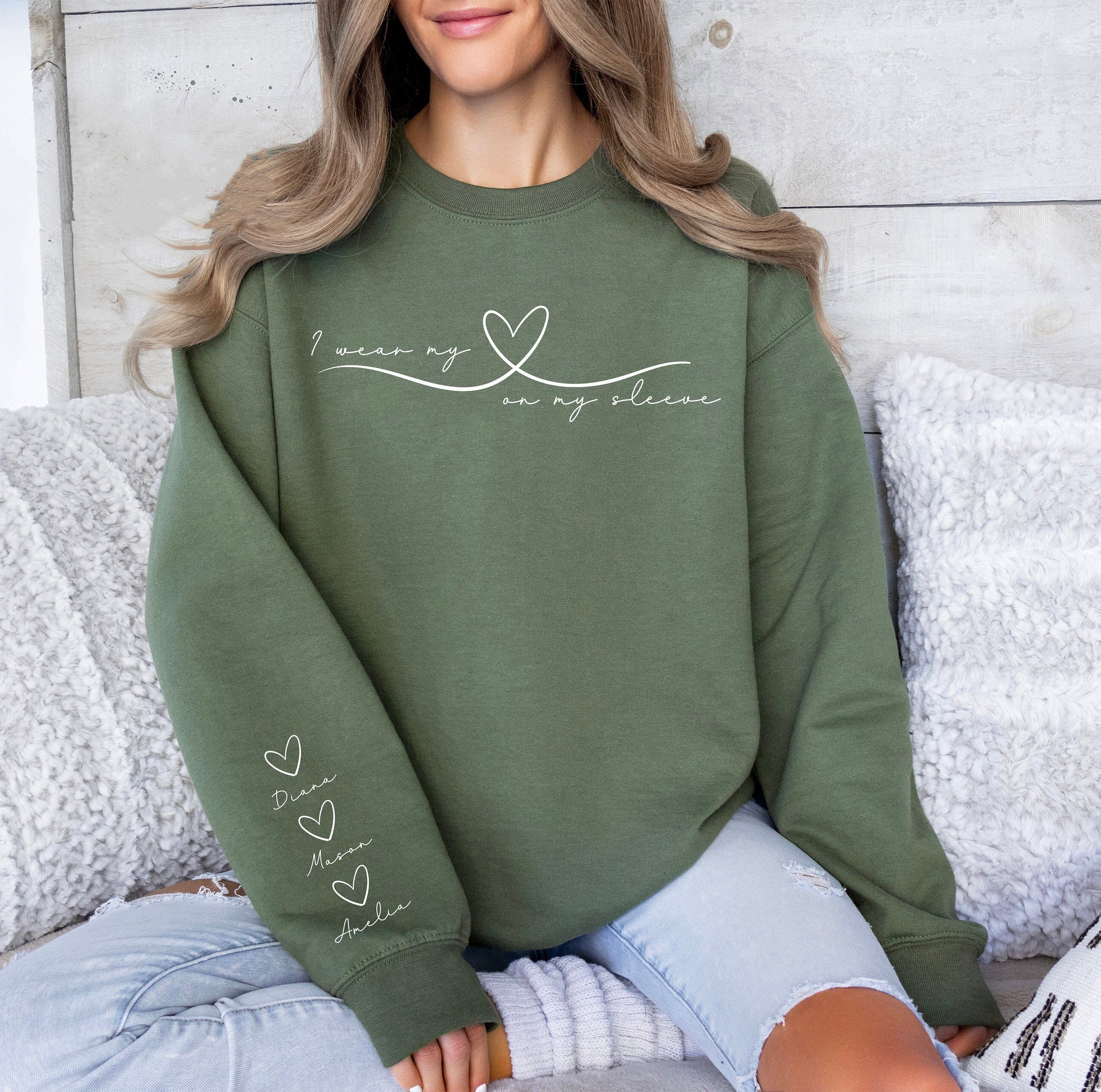 I Wear My Heart On My Sleeve Sweatshirt, Sweatshirt with Names On Sleeve, Mom Sweatshirt