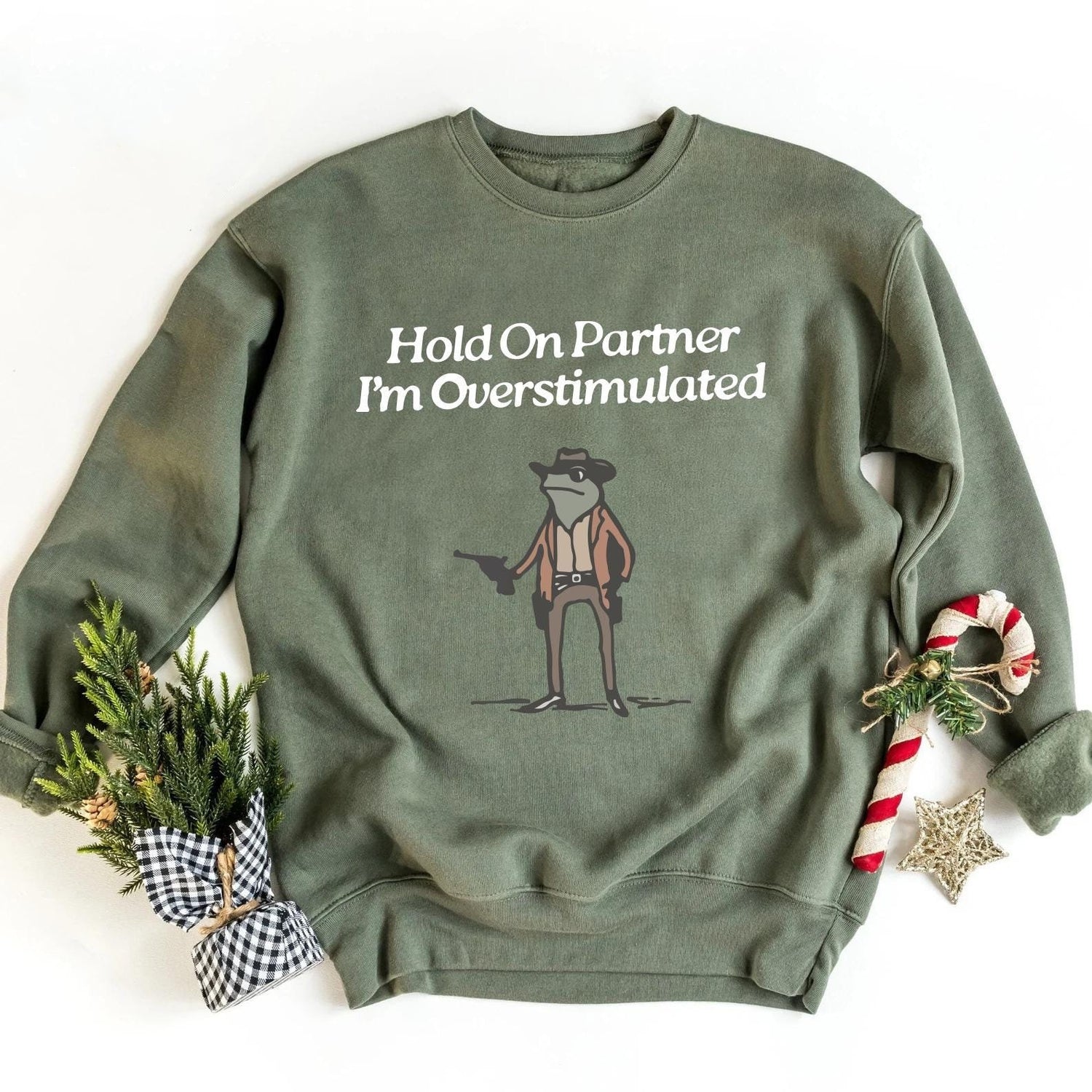 Hold On Partner Im Overstimulated Sweatshirt, Cowboy Frog Sweatshirt, Cowboy Frog Unhinged Shirt