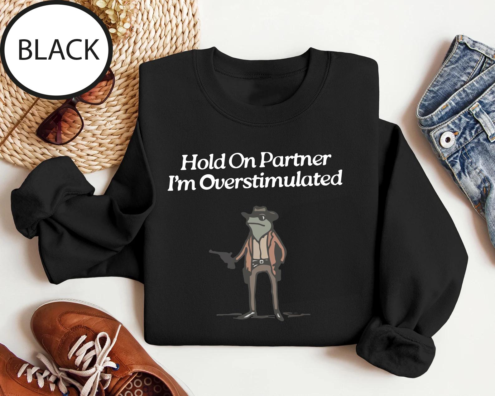 Hold On Partner Im Overstimulated Sweatshirt, Cowboy Frog Sweatshirt, Cowboy Frog Unhinged Shirt